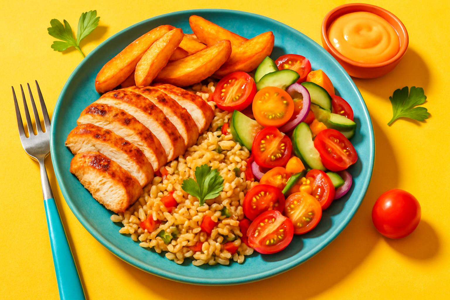 Plate of chicken, rice, potatoes, tomatoes and salad. Food photography. Main dish meal. Mediterranean food style. High-pro...