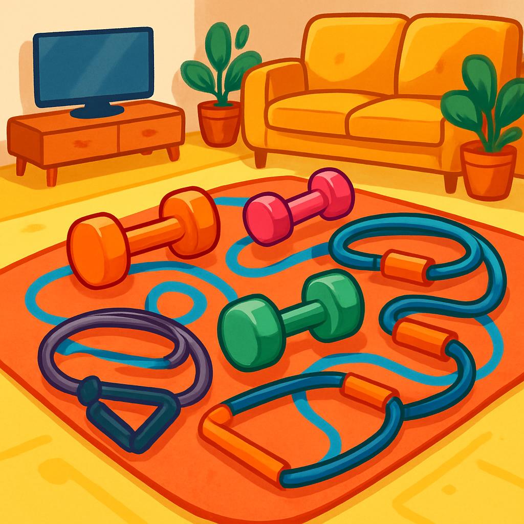 An image of a living room with workout equipment on the floor. Digital illustration, no need for a exact color and detail ...