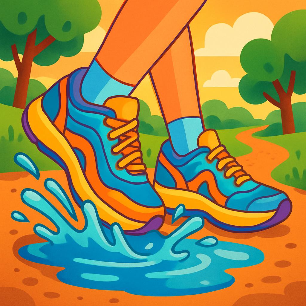 Colored sandals on side of bright-green grass and brown brick patio.